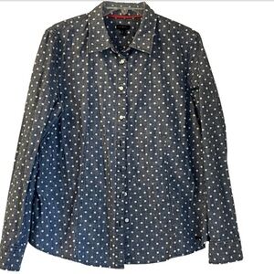 Talbots Chambray Blue White Polka Dot Button Down Shirt Sz 14 Long Sleeve Cotton